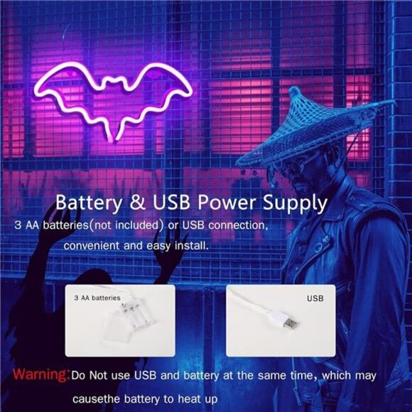 Halloween Bat Neon Sign Decoration LED Light Wall Decor Bat Shape Lamp NEW Scary - Picture 4 of 6